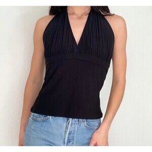 Sexy Y2K Black Plunging Neckline Halter Top Size Small